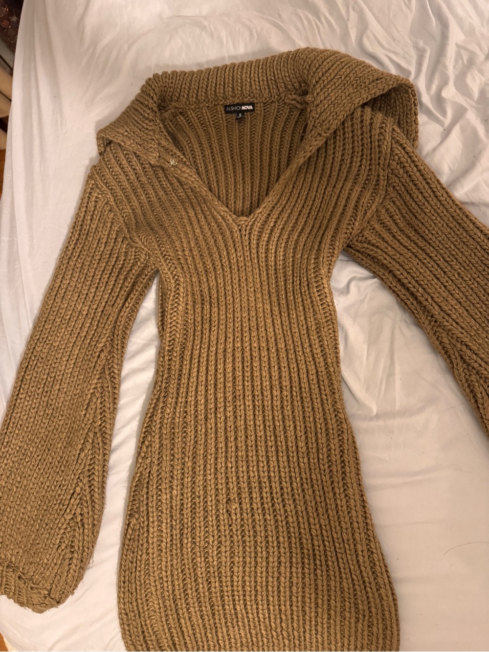 Women's Camel Knitted V-Neck Sweater Dress
